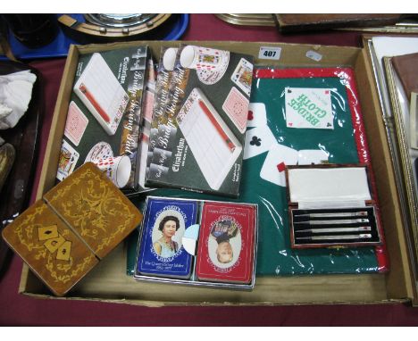 A Set of Four Bridge Pencils, stamped "Sterling Silver", Elizabethan bone china bridge scoring pads (boxed), inlaid  wooden p