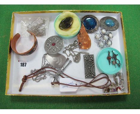 Ruskin Style Ceramic Panel Brooches, studio pendants, leaf brooch, bangle, etc:- One Tray