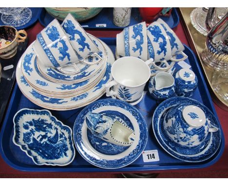 George Jones Crescent Dragon Pattern Tea Cups and Saucers, together with matching plates, Adderley Ware Old Willow Miniature 