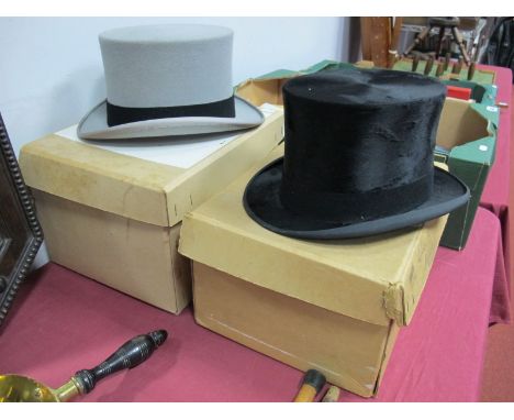 A Herbert Johnson Gents Top Hat, in light grey (16cm ear to ear), in original box of issue, and a Scott and Co. gents black t