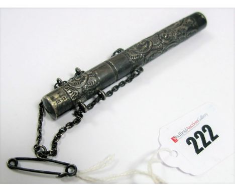 A Hallmarked Silver Thermometer Case, detailed in relief with leaf scrolls on chain suspension from a stock type pin. 