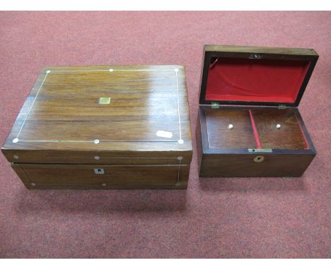 A Victorian Rosewood Jewellery Box, with mother of pearl stringing and blank brass cartouche and a XIX Century mahogany tea c