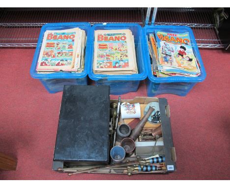 A Three Drawer Chest, souvenir daggers, cribbage boards, cased vintage darts, 1980's Beano comics, etc:- Four Boxes