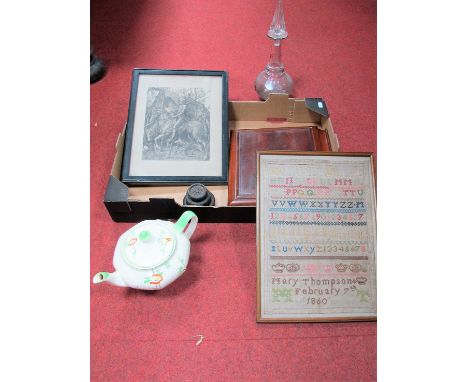 A Victorian Alphabet Sampler, by Mary Thompson February 7th 1860, 35 x 25cm, in glazed frame, a Victorian glass decanter, a p