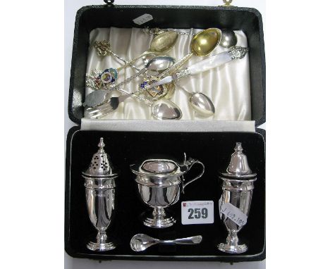 A Hallmarked Silver Three Piece Cruet Set, with a spoon, in original fitted case; together with a collection of assorted souv