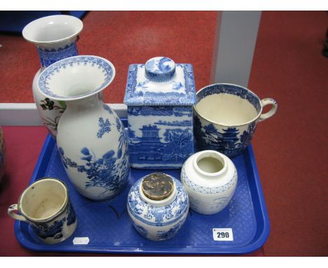 A Chinese Blue and White Vase, Ringtons blue and white tea caddy, large blue and white tea cup, etc:- One Tray 