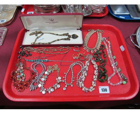 Diamanté and Other Necklaces, rings, vintage panel necklace with heart shape drop, etc:- One Tray