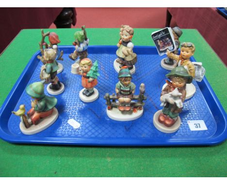 A Collection of Ten Hummel Figures, including Exclusive Editions 'Insights' Newspaper Boy, Boy on Fence, Boy with Lamb, Apple