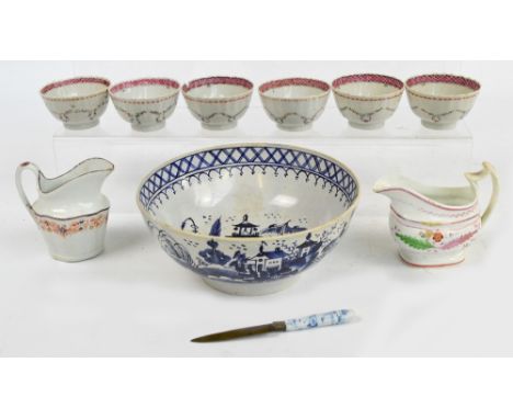 A late 18th century Liverpool blue and white pedestal bowl, diameter 23cm, six Newhall tea bowls, two early 19th century silv