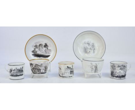 Two early 19th century Machin porcelain bat printed cups and saucers and three similar coffee cans.