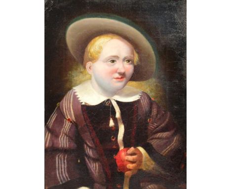 19TH CENTURY ENGLISH SCHOOL; portrait study of a child holding an apple in left arm, indistinctly signed lower right, 40 x 30