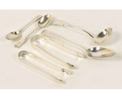 A group of predominantly Georgian hallmarked silver comprising a pair of bright cut decorated sugar tongs, Duncan Urkuhart an