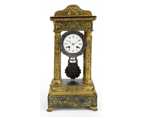 An unusual 19th century French Portico mantel clock with painted gilt metal mounted cased, the circular white enamel dial set