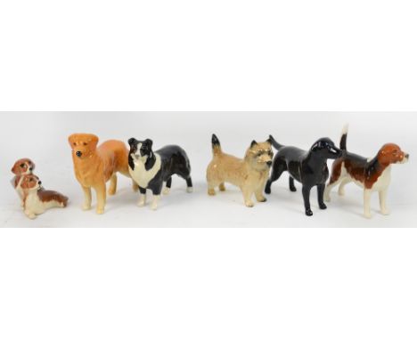 Five Beswick dog models; a golden retriever, a black labrador, a collie, a beagle and a Cairn terrier, and a Beswick dog grou