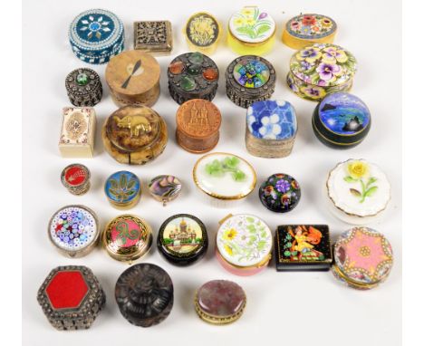 A collection of approximately thirty predominantly modern patch boxes/pill boxes including enamel Crummies, two Palekh style,