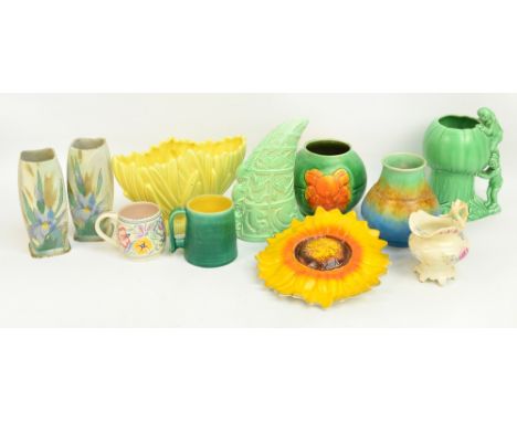 A quantity of decorative ceramics to include a Burleigh Ware green glazed cornucopia wall pocket decorated in relief with squ