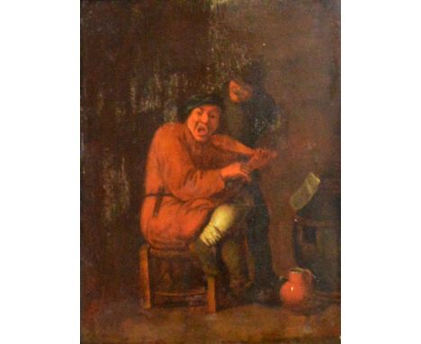 18TH CENTURY DUTCH SCHOOL IN THE STYLE OF DAVID TENIERS; oil on board, interior scene with seated gent playing a small string