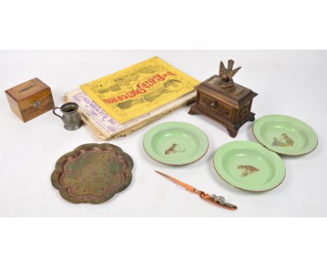 A quantity of collectable items including a Victorian olive wood lockable money box, a Black Forest box topped by a bird, thr