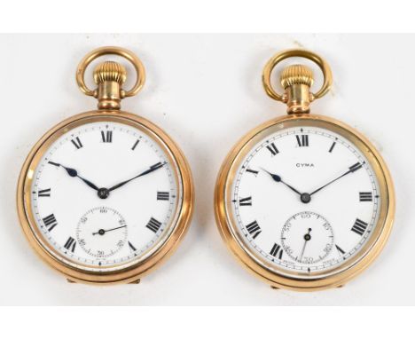 Two early 20th century gold plated open faced crown wind pocket watches, one Cyma and inscribed "Tacy Watch Co. Admiral" to m