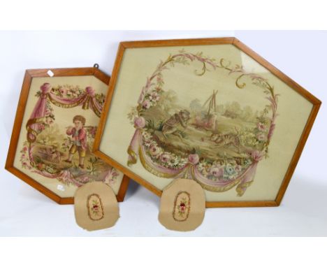 Four Aubusson tapestries; two framed and glazed, one depicting a cat and monkey playing in the garden, 80 x 73cm, the other a