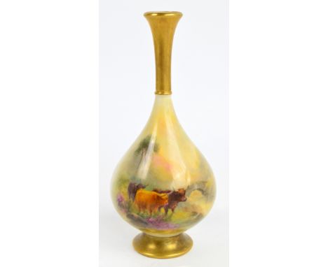 A Royal Worcester baluster vase with gilt heightened upper section to the neck and main body decorated with Highland cattle i