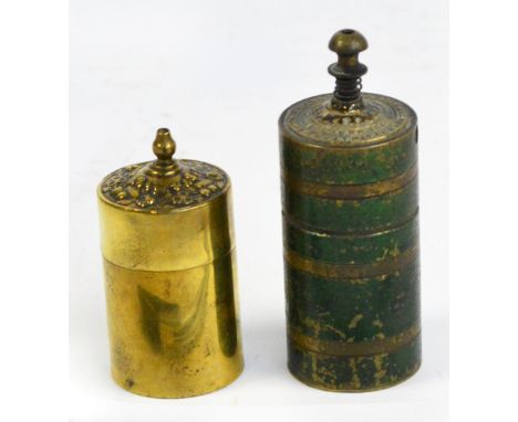 A late Victorian patent "Dowlers Nocturnal Vesta Match Box" of cylindrical form with spring loaded finial and a further cylin