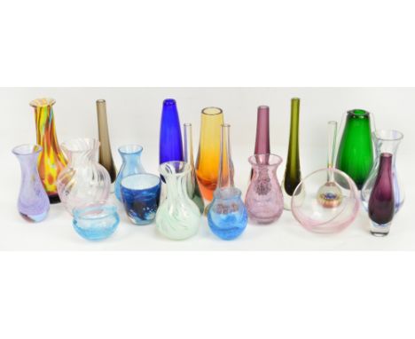 A collection of 21 various art glass vases to include Caithness, Murano, etc.