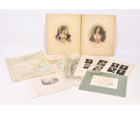 A mixed lot of 19th century and later engravings to include a coloured oval portrait of the young Queen Victoria, the frontic