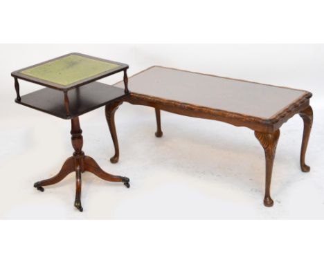 A walnut coffee table on cabriole legs and a lamp table with rounded square section top.