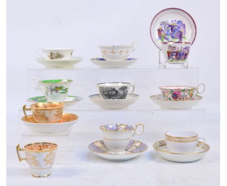 Nine 19th century porcelain transfer decorated and gilded cups and saucers to include Swansea, Sunderland lustre, etc.
