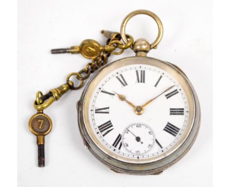 A George V hallmarked silver cased open face key wind pocket watch with circular white enamel dial set with Roman numerals, B