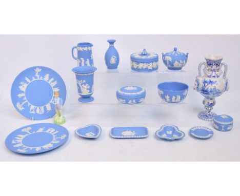 A collection of Wedgwood jasperware including trinket dishes, a jug, ashtrays, bowls, etc, a Royal Doulton figure HN2045 "She