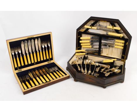 A cased twelve setting canteen of silver plated and ivorine handled fish knives and forks and an oak cased canteen of electro