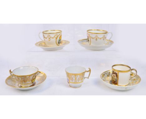 Four early 19th century Derby porcelain hand painted cups and saucers, two decorated with landscape scenes, one by Miles Maso