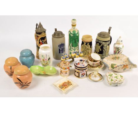 A quantity of ceramics including four steins, three ginger jars, two cups and saucers, Aynsley vase, a 19th century Devenport