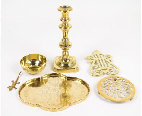 An early 20th century Chinese brass quatrilobed tray engraved with two figures in a garden landscape scene, width 25.5cm, a b