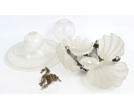 An Art Deco chrome plated ceiling light with four frosted glass shell moulded shades and central domed shade (central shade a