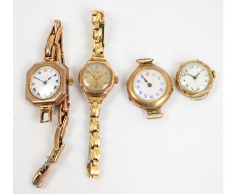 A small collection of lady's gold watches comprising a 9ct rose gold cased manual wind watch, the enamel dial set with Roman 