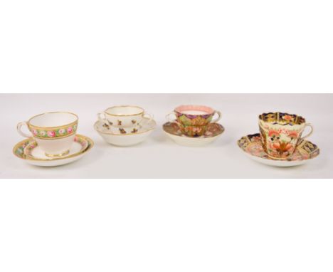 Four 19th century Derby porcelain cups and saucers to include an Imari decorated moustache cup, a Bloor Derby twin handled cu