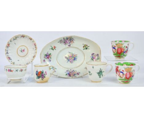 A small collection of 18th and 19th century Chelsea hand painted porcelain comprising an oval tureen stand, four cups and a t
