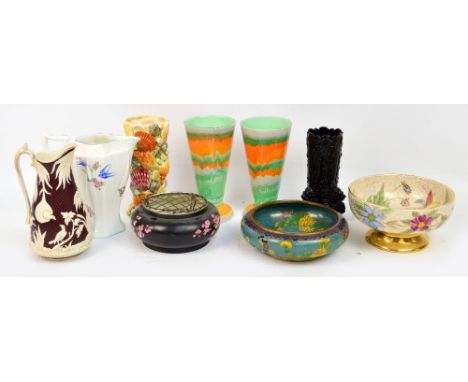 A quantity of ceramic and metalware including a pair of Shelley Harmony drip ware conical vases, height 20cm, a Chinese clois