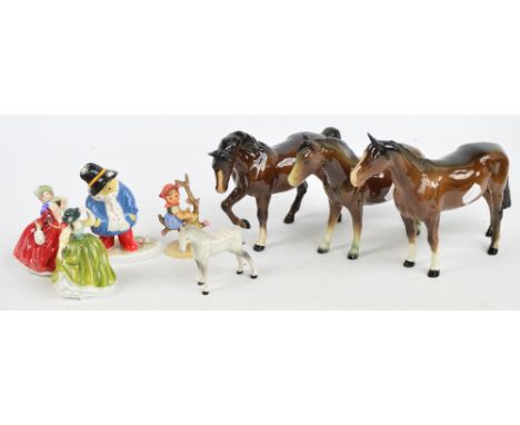 A group of decorative ceramics including two Beswick models of brown horses, a Trentham ware horse, two small Royal Doulton f