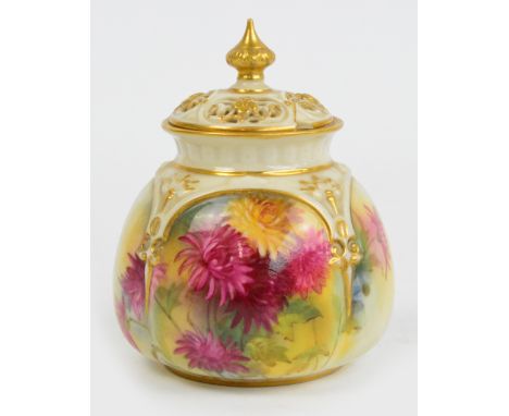 A Royal Worcester blush ivory pot pourri bowl and cover, the pierced cover above lobed main body decorated with floral sprays