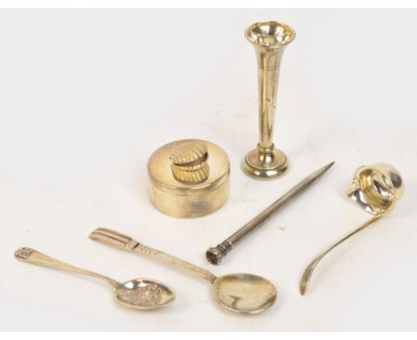 A group of silver including a small sauce ladle, a contemporary spoon, a 1977 commemorative spoon, a loaded bud vase, a conte