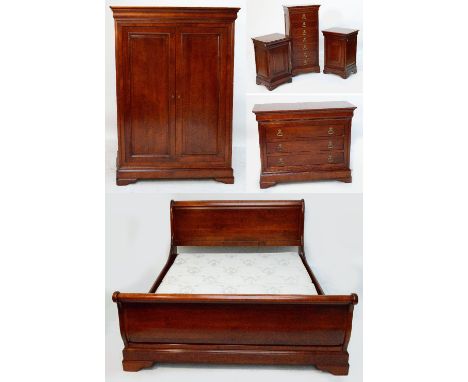 A Brigitte Forestier cherry wood six piece bedroom suite comprising sleigh bed, double door wardrobe, semainier, three drawer