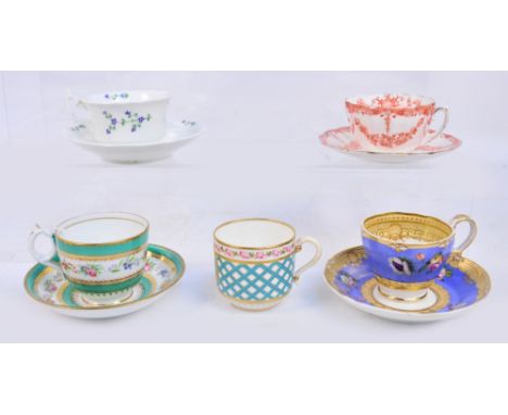 A quantity of early 19th century porcelain teaware comprising a Minton hand painted cup decorated with a cow on a turquoise l