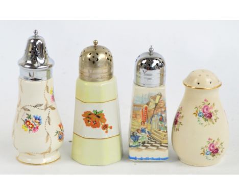 Four ceramic sugar shakers; Grays Pottery, Midwinter, Leighton Pottery, and Coronet Ware. CONDITION REPORT: All good, slightl