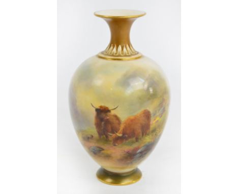 A Royal Worcester ovoid vase with gilt heightened flared neck above main body decorated with Highland cattle in a landscape s