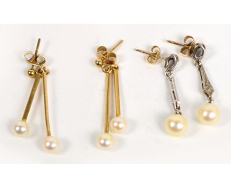 A pair of 9ct yellow gold earrings with twin cultured pearl drops and a pair of white metal earrings with cultured pearl drop