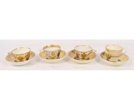 Four early 19th century Derby porcelain hand painted cups and saucers each piece set with an oval panel depicting various lan
